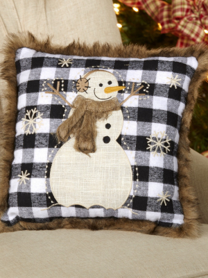 Lakeside Embroidered Black And White Plaid Snowman Throw Pillow With Fur Trim