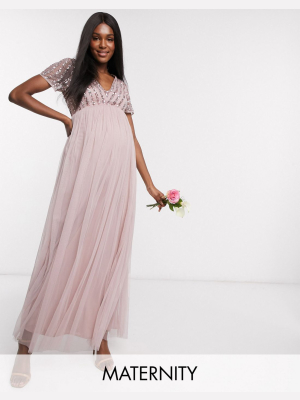 Maya Maternity Bridesmaid V Neck Maxi Dress With Tonal Delicate Sequin In Pink