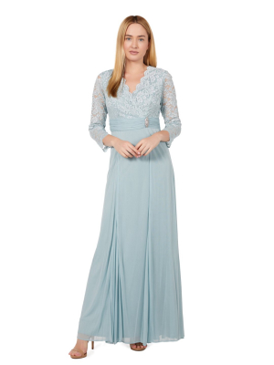 Marina Long Sleeve V Neck Lace And Jersey Chiffon Gown