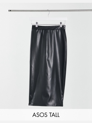 Asos Design Tall Leather Look Midi Skirt In Black