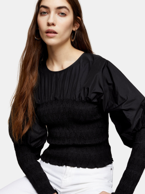 Black Shirred Taffeta Top