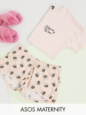 Asos Design Maternity Exclusive Mama To Bee Tee & Short Pyjama Set In Peach