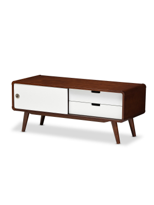 Armani Mid - Century Modern Two - Tone Finish 2 - Drawer With Sliding Door Wood Tv Cabinet - White, Brown - Baxton Studio