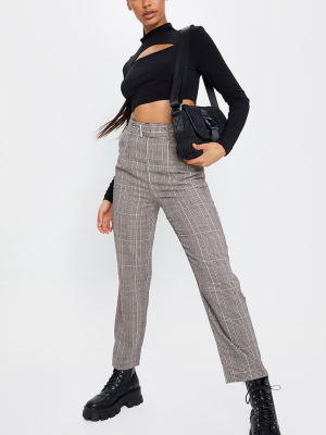 Brown Woven Check Belted Cigarette Pants