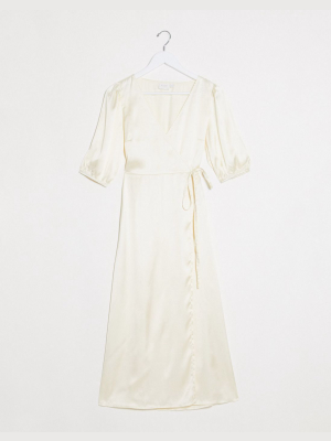 Vila Satin Midi Wrap Dress In Cream