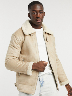 Topman Shearling Aviator In Stone