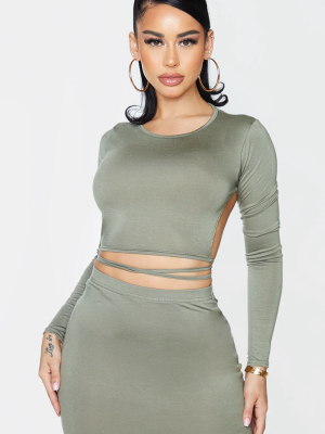 Shape Khaki Jersey Long Sleeve Tie Back Crop Top