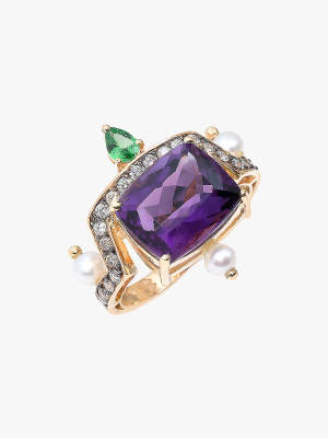 Amethyst & Emerald Diamond Ring