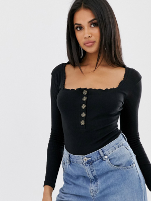 Missguided Lettuce Edge Bodysuit With Button Detail In Black