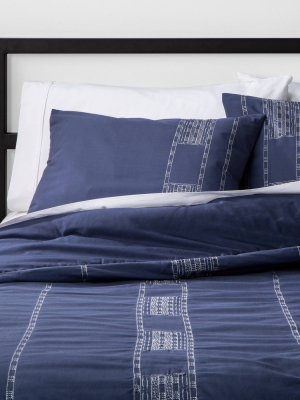 Full/queen Embroidered Stripe Comforter & Sham Set Navy - Project 62™