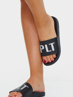 Prettylittlething Black Glitter Pu Slides