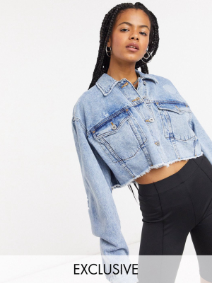 Collusion Cropped Denim Jacket In Stonewash In Blue