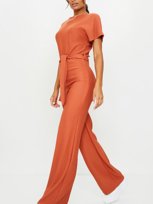 Rust Thick Rib Tie Waist Wide Leg Jumpsuit