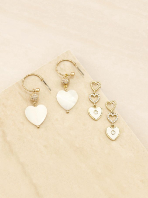 Mother Of Pearl Heart 18k Gold Plated Earring Set