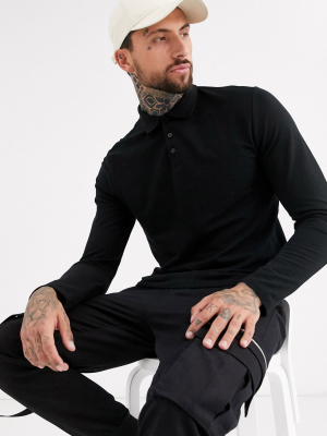 Asos Design Organic Long Sleeve Pique Polo In Black