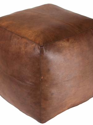 Moroccan Contemporary Leather Pouf, Walnut