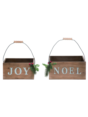 Transpac Wood 11 In. Brown Christmas Noel/joy Container Set Of 2