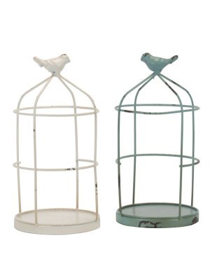 Set Of 2 Rustic White And Mint Metal Wire Cage And Bird Pillar Candle Holders - Foreside Home & Garden