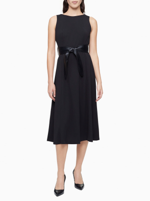 Solid Belted A-line Midi Dress