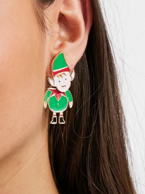 Asos Design Christmas Front And Back Earrings In Elf Design