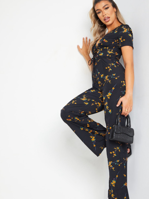 Black Floral Corset Flare Jumpsuit