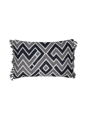 Gray And Black Patterned Hand Woven 14 X 22 Inch Decorative Cotton Throw Pillow Cover With Insert And Hand Tied Fringe - Foreside Home & Garden