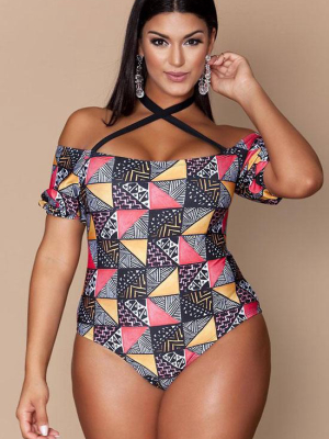 Plus Size Handkerchief Print Off Shoulder One Piece Swimsuit