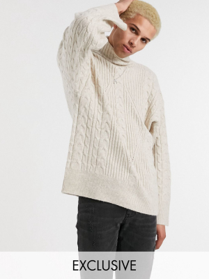 Reclaimed Vintage Inspired Cable High Neck Sweater In Beige