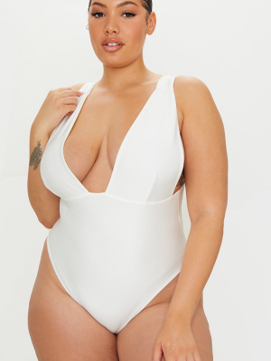 Plus White Plunge Pleat Detail Swimsuit