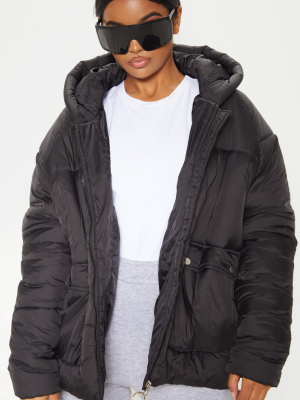 Black Pocket Front Hooded Puffer