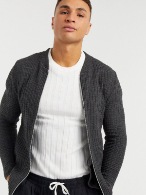 Asos Design Muscle Fit Waffle Knit Bomber Sweater In Charcoal