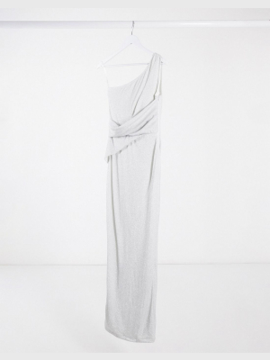 Ax Paris One Shoulder Glitter Maxi Dress In Silver