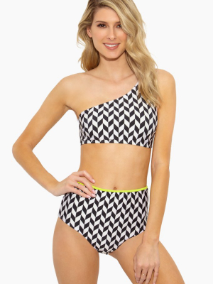 Geo One Shoulder Bikini Top - Black & White Geometric Print