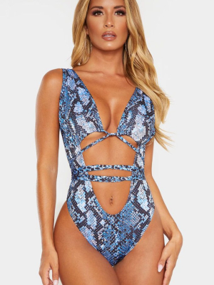 Snakeskin Ruched Cutout Front Wrap One Piece Swimsuit