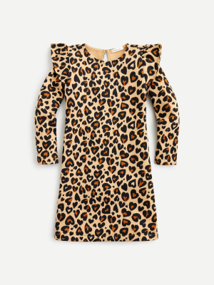 Girls' Ruffle-shoulder Fleece Dress In Heart Leopard