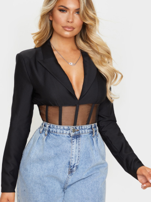 Black Woven Mesh Panelled Insert Long Sleeve...