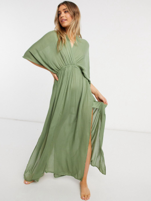 Asos Design Drape Maxi Beach Dress In Khaki