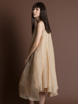 Lat Sleeveless Pleated Organza Dress - Cream