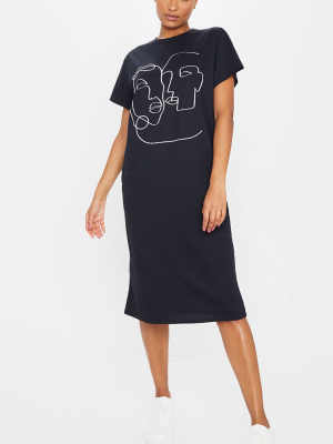 Black Abstract Faces Slogan Midi T Shirt Dress