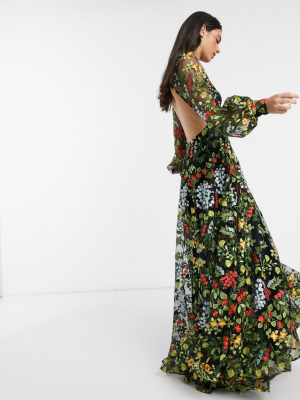 Asos Edition Summer Floral Embroidered Maxi Dress With Open Back