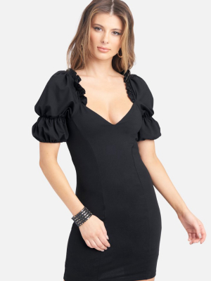 Puff Sleeve Plunge Neck Dress