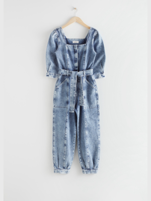 Puff Sleeve Denim Jumpsuit