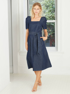 Women's Puff Short Sleeve Belted Denim Dress - Who What Wear™