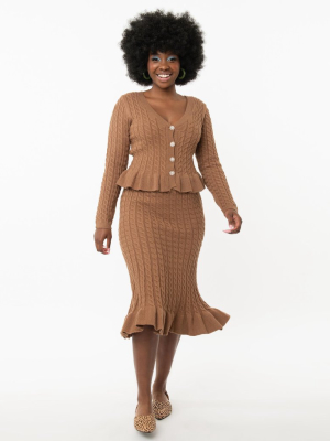 Vintage Style Mocha Cable Knit Peplum Midi Skirt