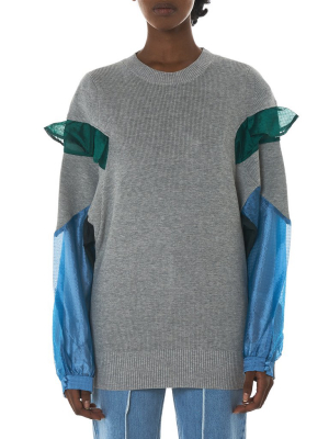 Ruffled Panel Crewneck Pullover (18-03804-lgray-green-lblue)