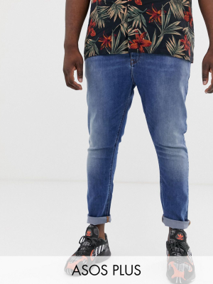 Asos Design Plus Spray On Jeans In Power Stretch Denim In Mid Wash Blue