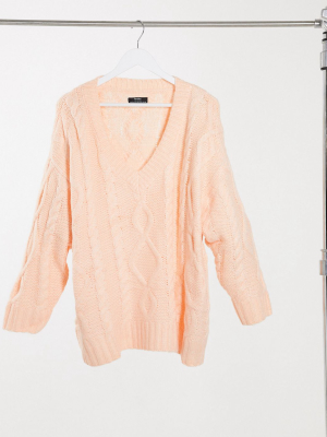 Bershka Cable Knit Cardigan In Peach