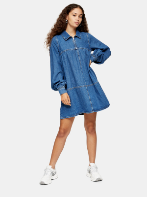 Tall Mid Blue Denim Babydoll Zip Mini Dress