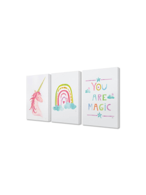 3pc 16"x1.5"x20" You Are Magic Rainbow And Unicorn Stretched Canvas Art Set - Stupell Industries