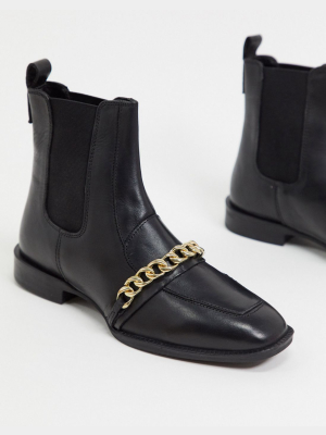 Asos Design Ava Leather Loafer Boot With Chain Trim In Black